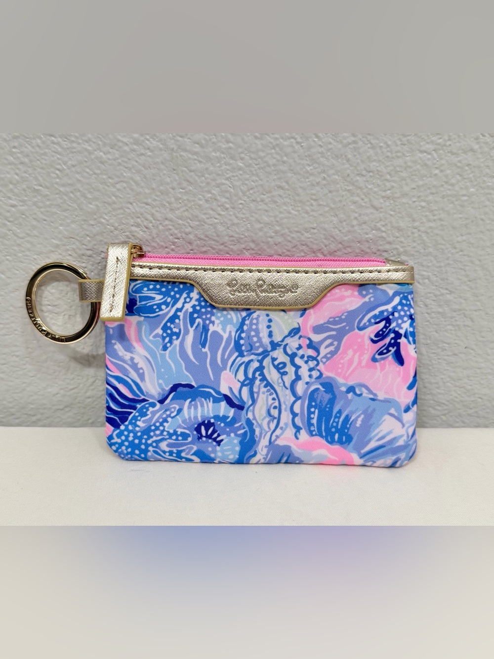 Lilly Pulitzer Wallet Floral Key Ring Pouch ID Case Zip Pink Blue Shade Seekers